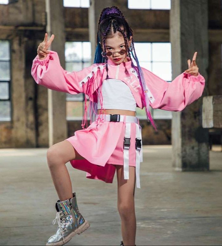 キッズダンス衣装 ダンス衣装 女の子用ピンク街系セットアップ