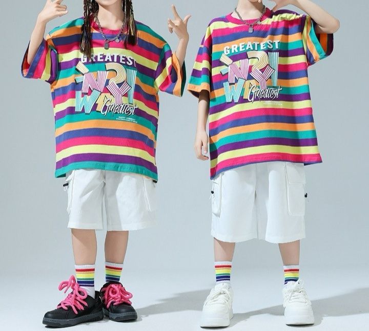 キッズダンス衣装 ヒップホップセットアップ虹色ボーダー