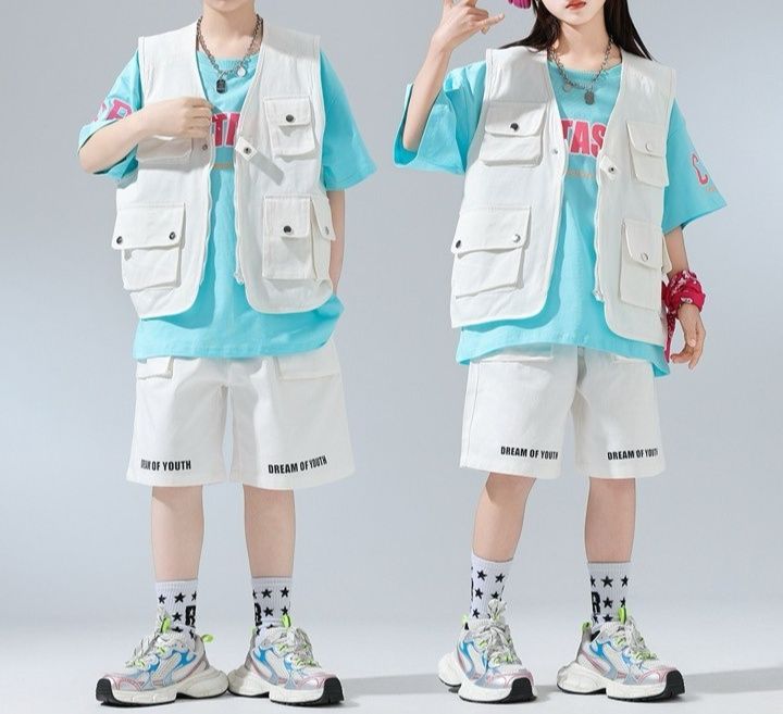 キッズダンス衣装 子供用ヒップホップセットアップ ベストＴシャツハーフパンツ
