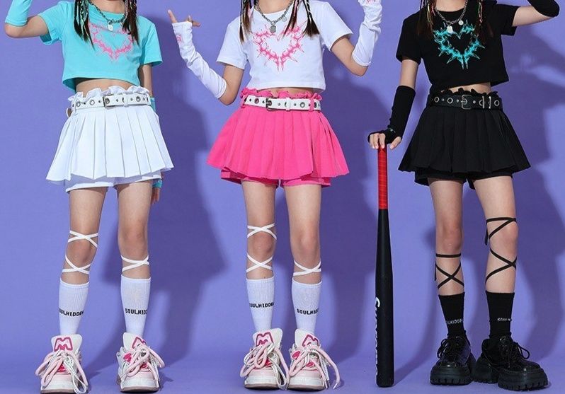 キッズダンス衣装 女の子ジャズセットアップ プリーツスカート付き