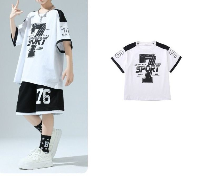 キッズダンス衣装 子供用ヒップホップセットアップ 半袖トップス＆ハーフパンツ