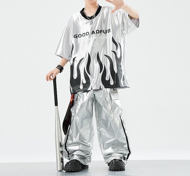 キッズダンス衣装 シルバー炎柄セットアップ ヒップホップ