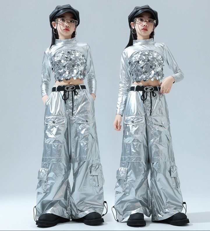 シルバー スパンコール キッズダンス衣装 セットアップ