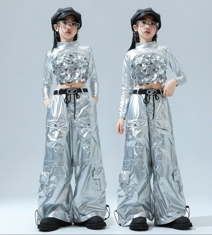  キッズ シルバー スパンコール キッズダンス衣装 セットアップ