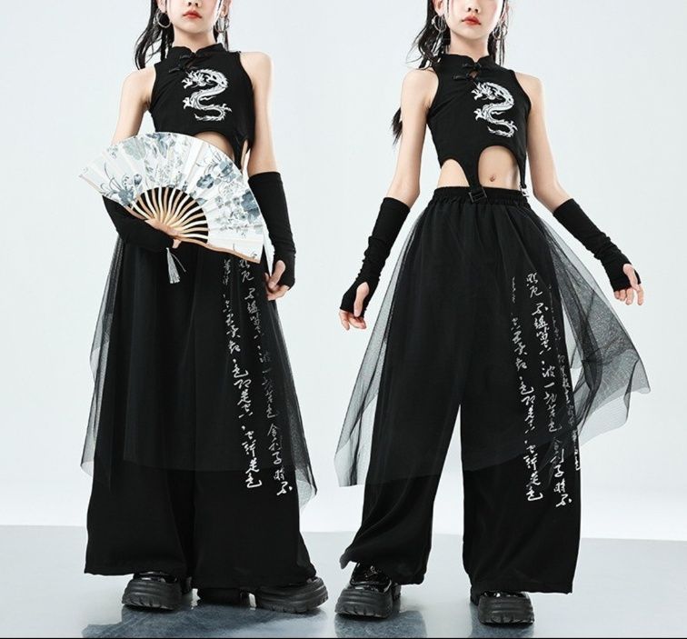 キッズダンス衣装龍刺繍チャイナ風セットアップ