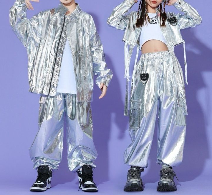キッズダンス衣装 子供用シルバーメタリック上下セットアップヒップホップ