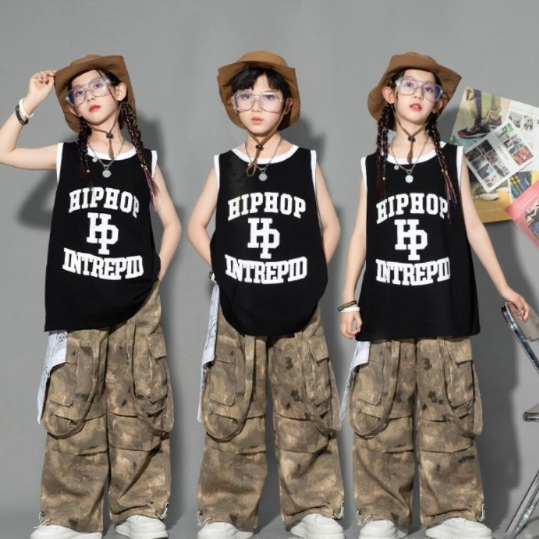 キッズダンス衣装 ヒップホップ風迷彩柄ワイドパンツセットアップ