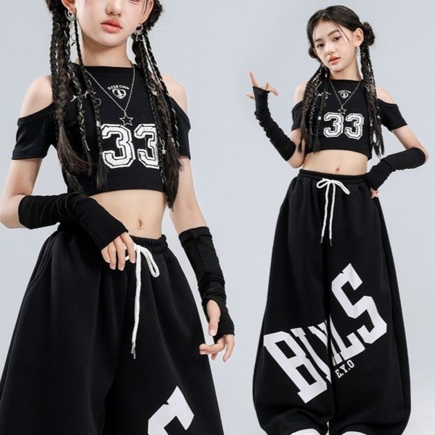 キッズダンス衣装 肩出しショート丈トップス＆ワイドパンツセットアップ