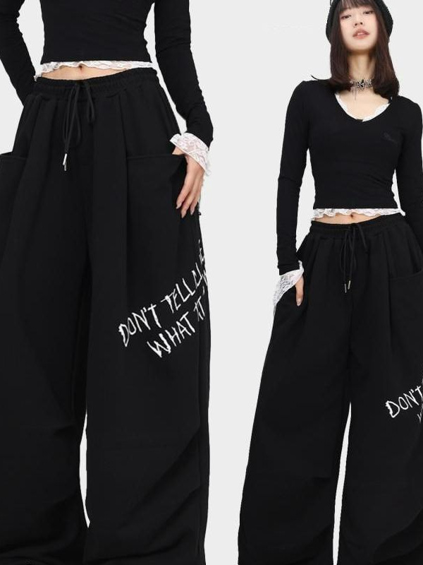 ダンス衣装 英字ロゴ入りワイドシルエット紐付きパンツ