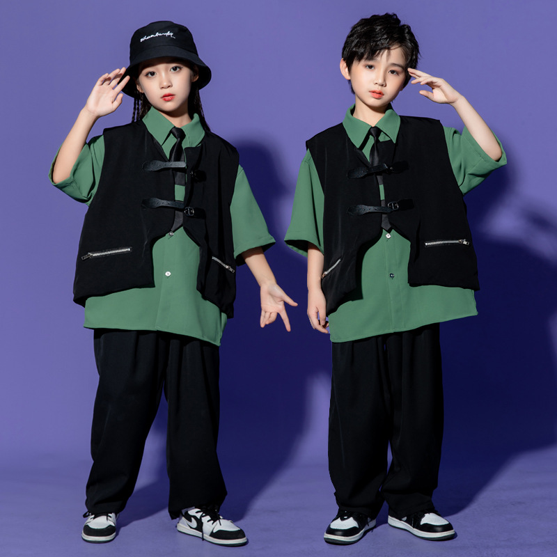 キッズダンス衣装 キッズ向けベスト付き半袖シャツとワイドパンツセット