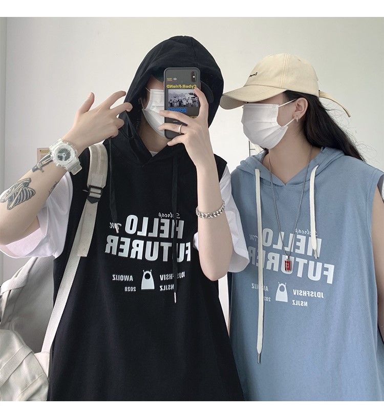 ダンス衣装 ロゴプリント袖なしパーカー重ね着風トップス