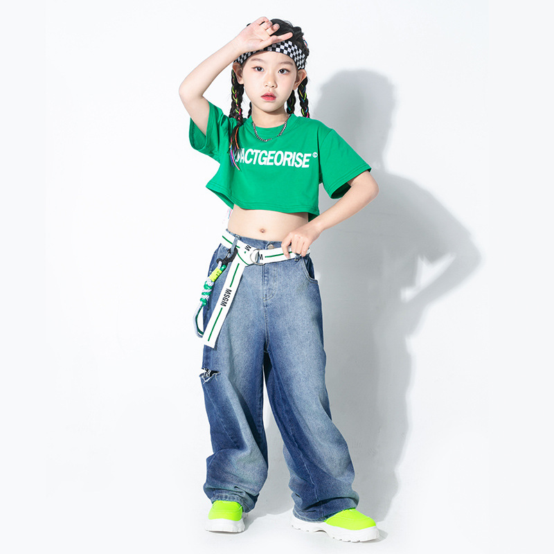 キッズダンス衣装 女の子用ショート丈トップスとデニムワイドパンツのセット