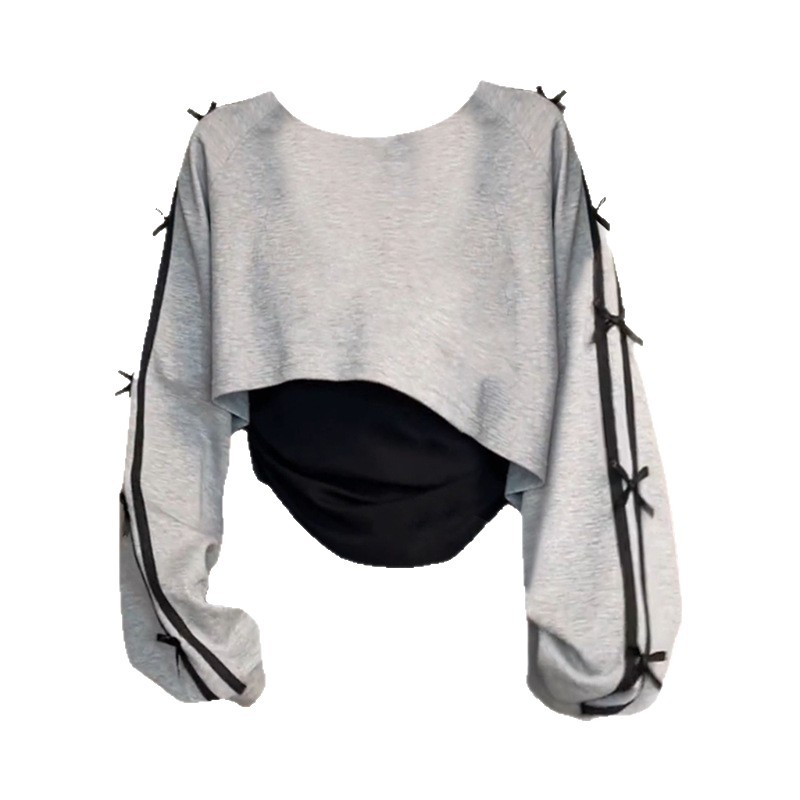 ダンス衣装 袖リボン付き重ね着風レイヤードショート丈トップス