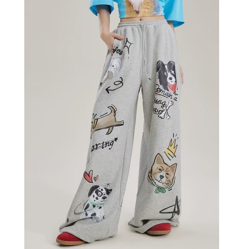 ダンス衣装 子犬プリント総柄ゆったりスウェットワイドパンツ