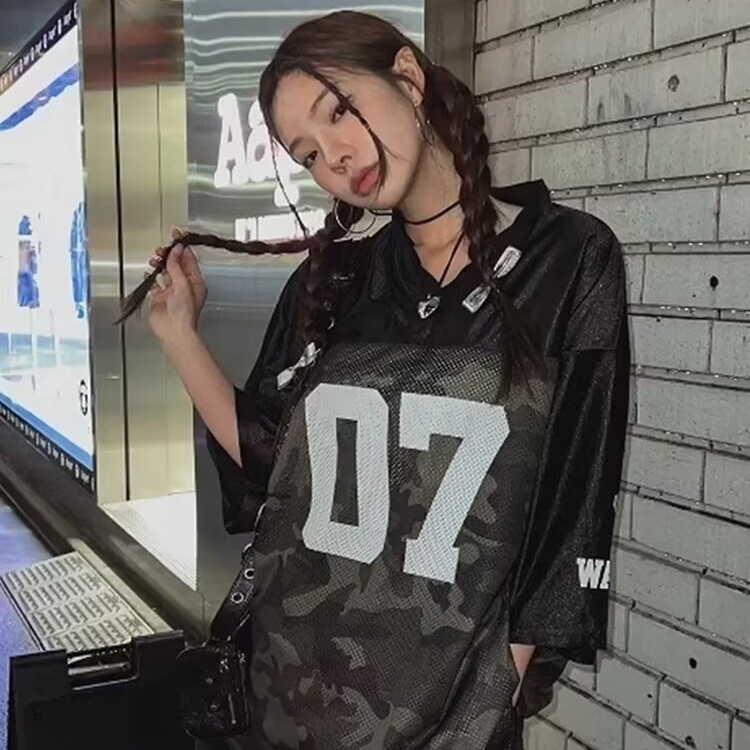 ダンス衣装 ナンバリング迷彩柄メッシュ切替フード付きトップス