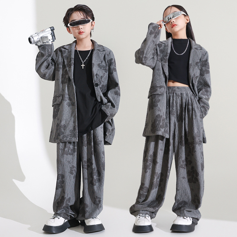 キッズダンス衣装 迷彩柄ゆったりジャケットとワイドパンツのセット