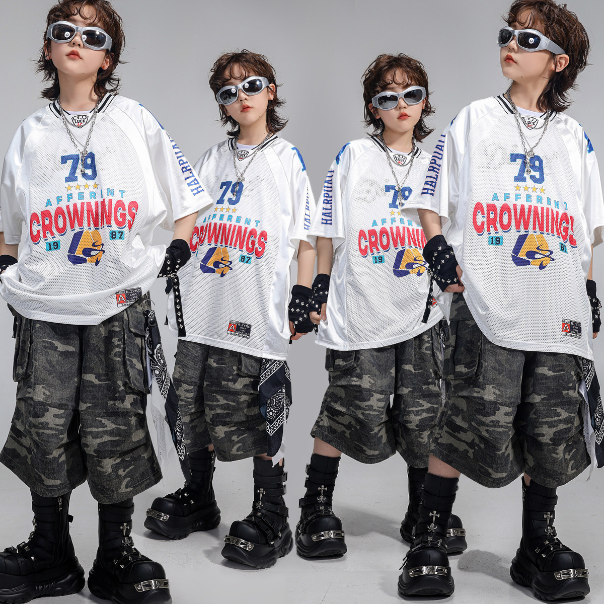 キッズダンス衣装 迷彩柄ハーフパンツとメッシュトップスのセットアップ