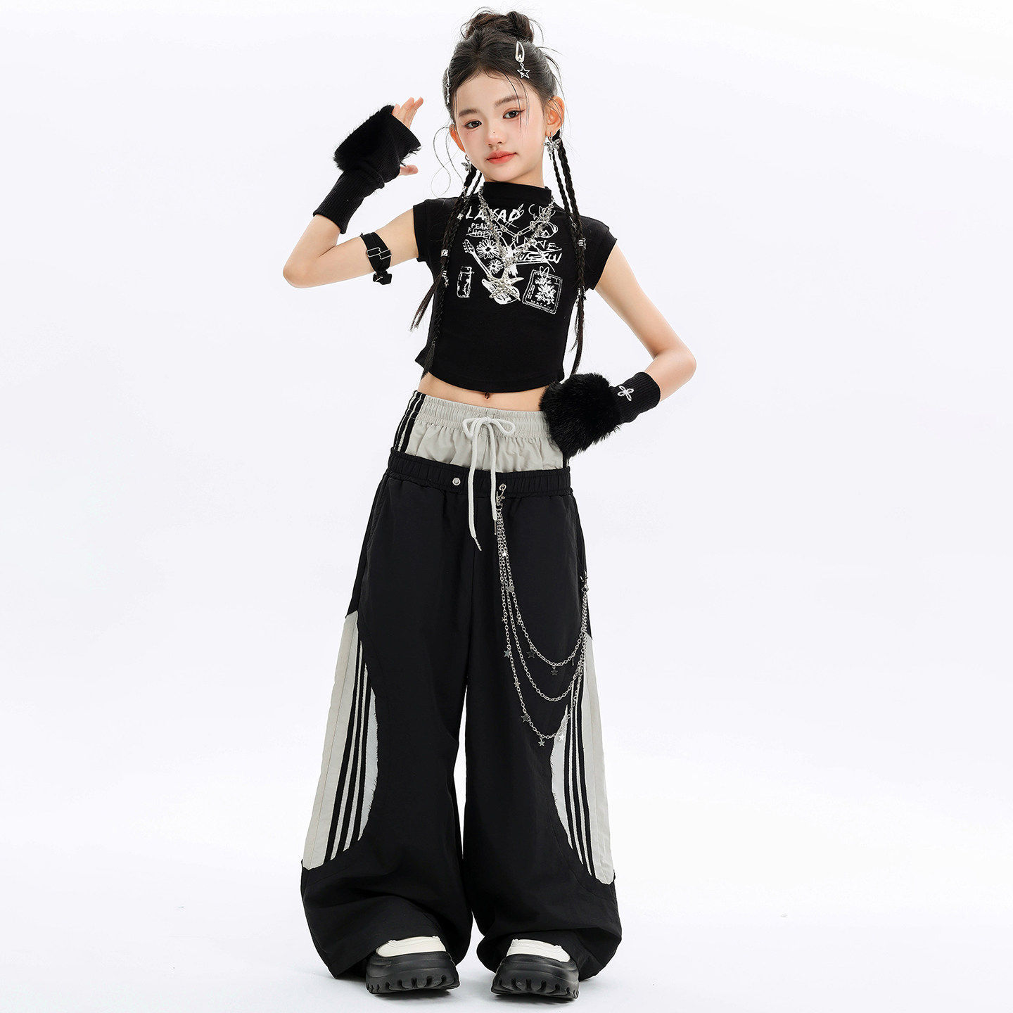 キッズダンス衣装 キッズ ストリート風 短丈トップス ワイドパンツ 上下セット
