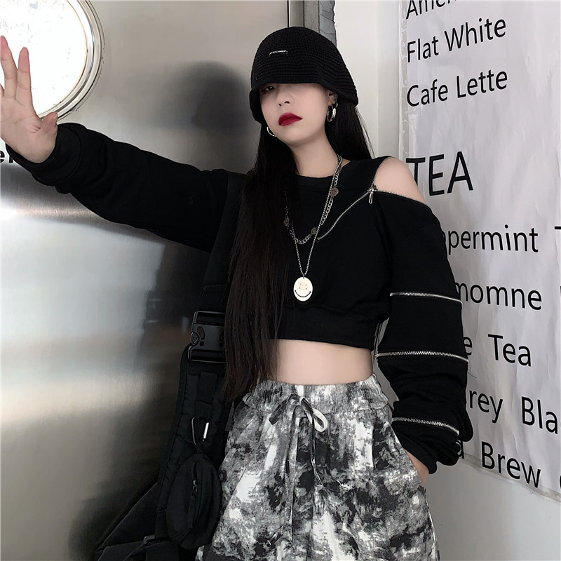 ダンス衣装 肩開きジップライン長袖ショート丈トップス