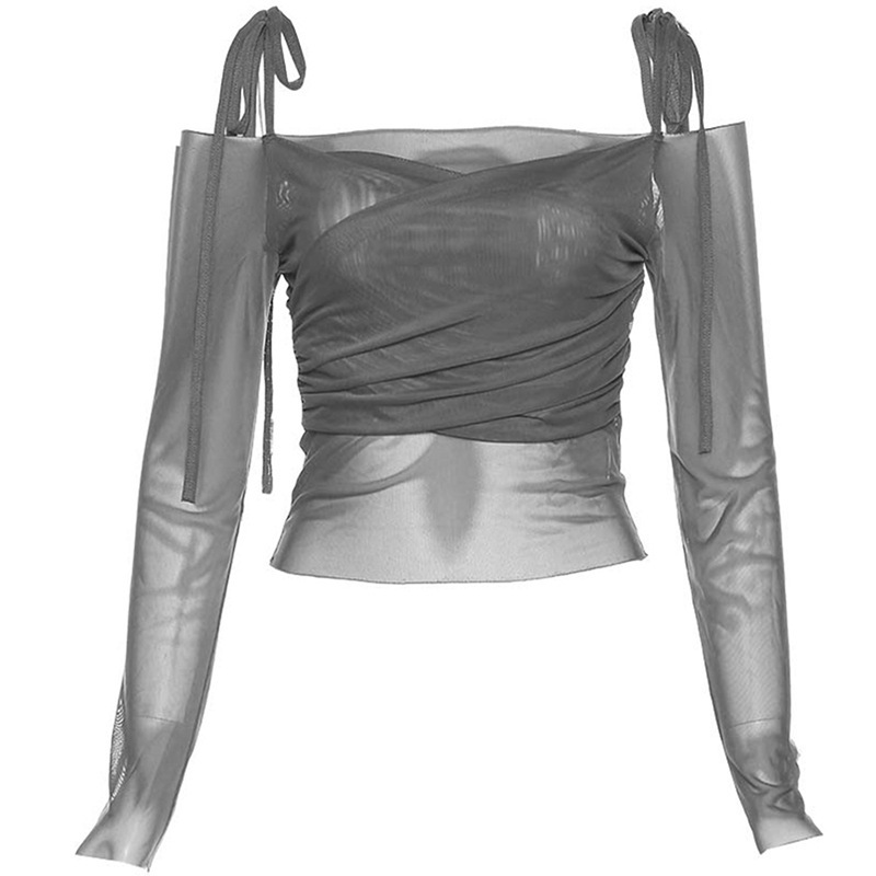 ダンス衣装 肩紐リボン付きシアースリーブクロスデザイントップス