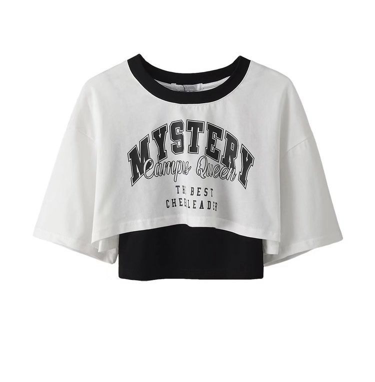 ダンス衣装 レイヤード風ロゴ入りショート丈チアリーダー半袖Tシャツ