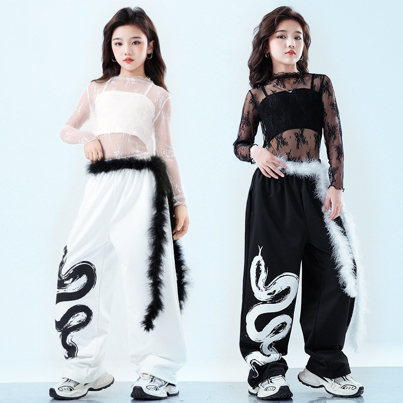 キッズダンス衣装 レース透け感トップス蛇柄ワイドパンツセットアップ