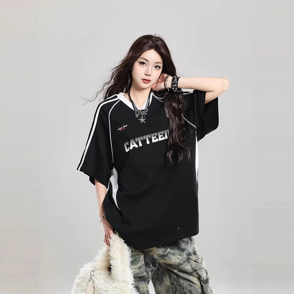 ダンス衣装 襟付きラインテープ入りゆったりストリート半袖トップス