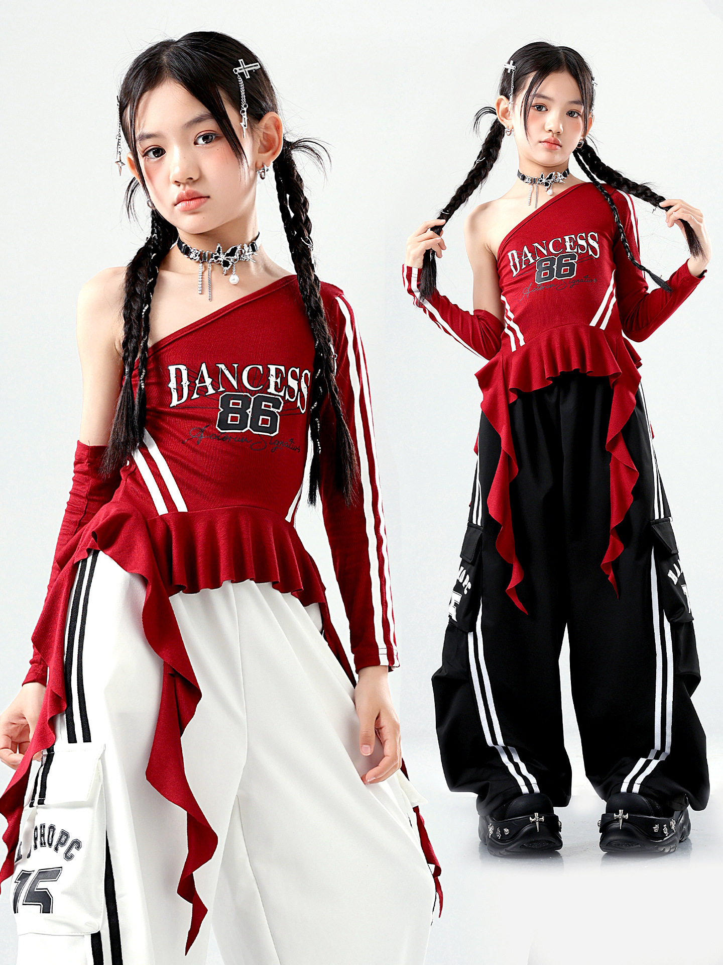 キッズダンス衣装 片肩フリルトップス＆ワイドパンツ セットアップ
