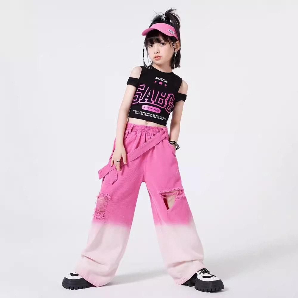 キッズダンス衣装 肩あきトップスとダメージワイドパンツのセットアップ