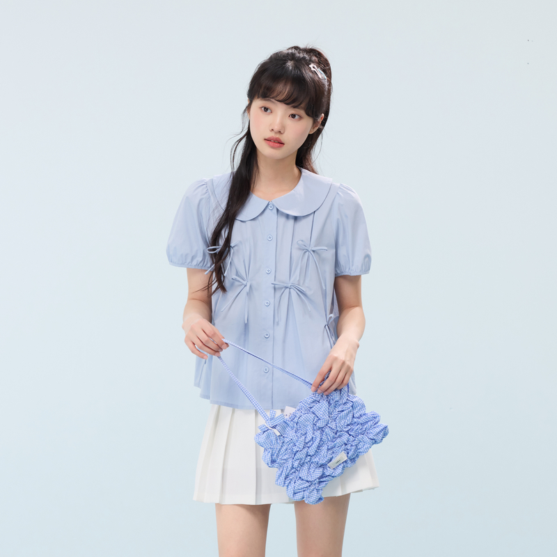 リボンブラウス 優美な丸襟リボンブラウス