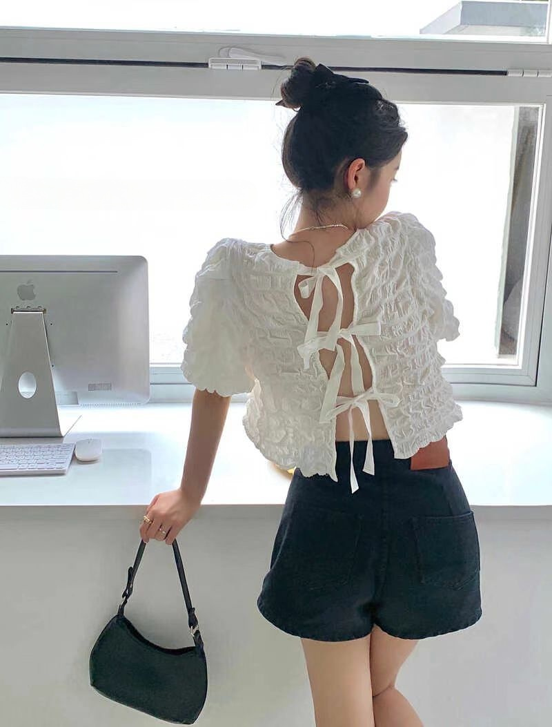 リボンブラウス 透かし彫り レトロ風 バックリボン ワッフル ブラウス