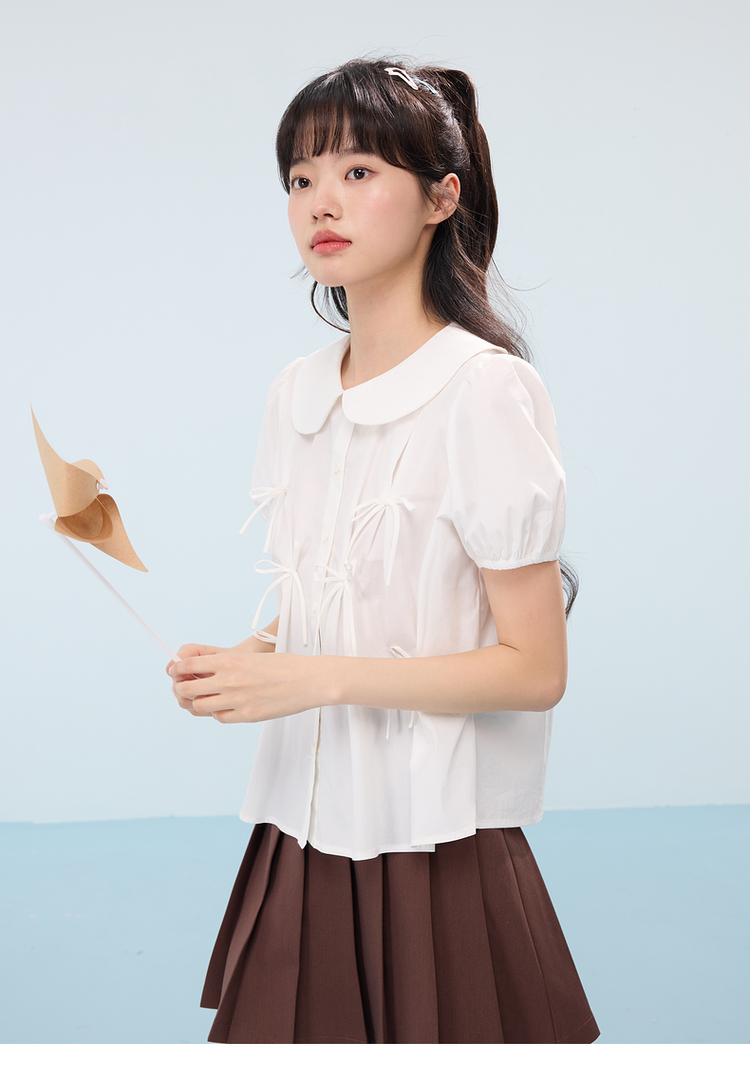 リボンブラウス 優美な丸襟リボンブラウス
