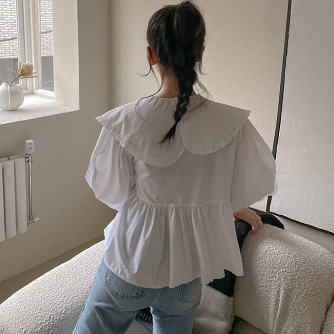 ビッグカラー パフ袖 リボンブラウス 白 上品 フェミニン