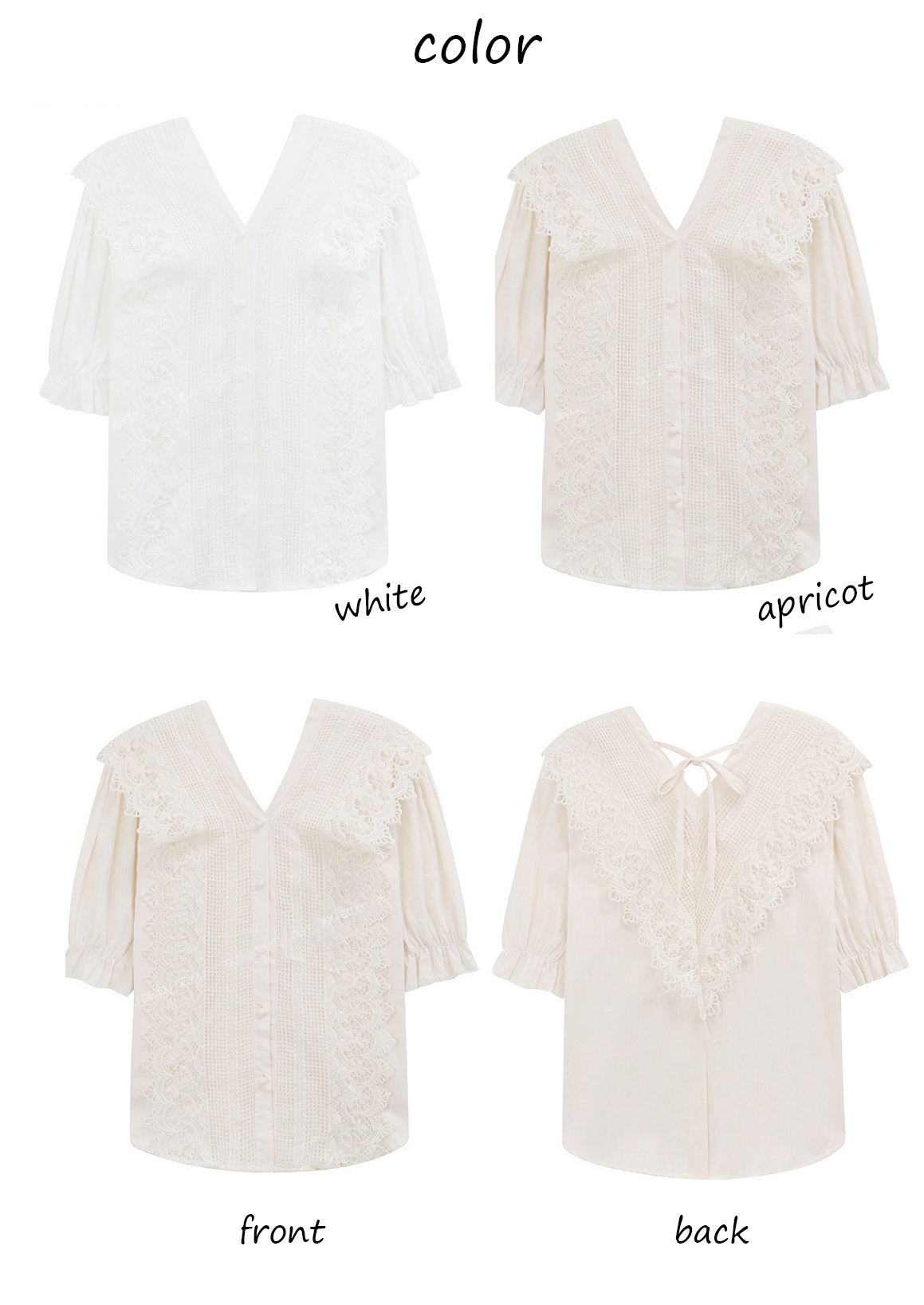 リボンブラウス 大人可愛い無地レースブラウス バルーンスリーブ バックリボン付き