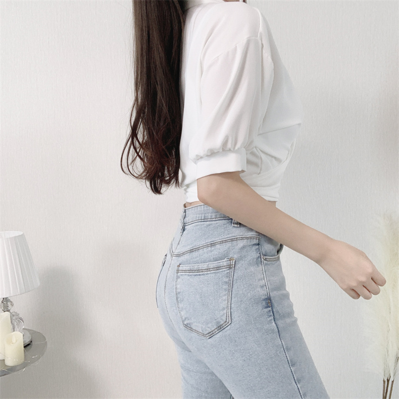 リボンブラウス 上品リボンベルト付きパフスリーブブイネックブラウス