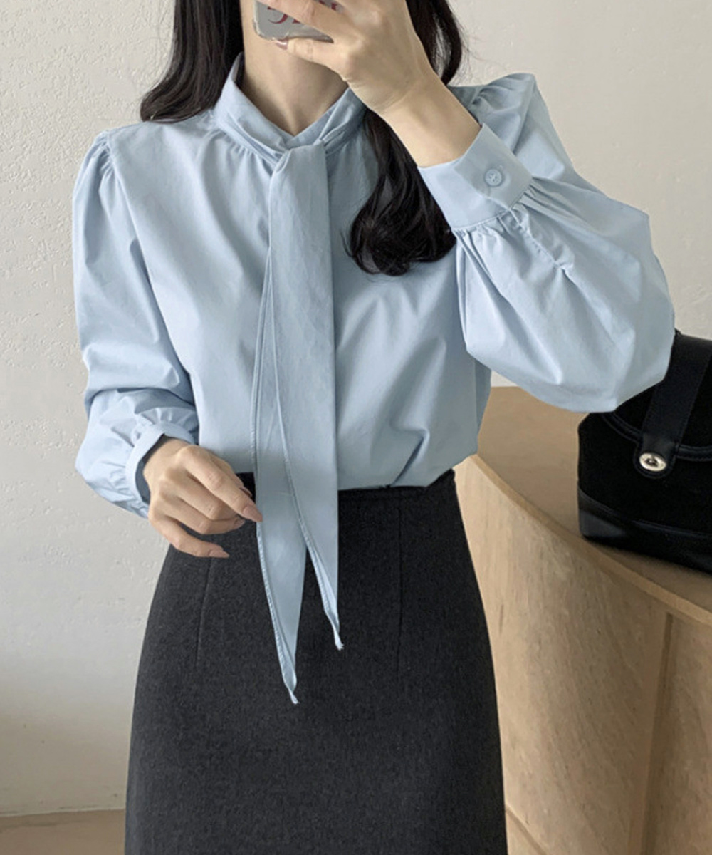 立ち襟ボウタイリボンブラウス長袖