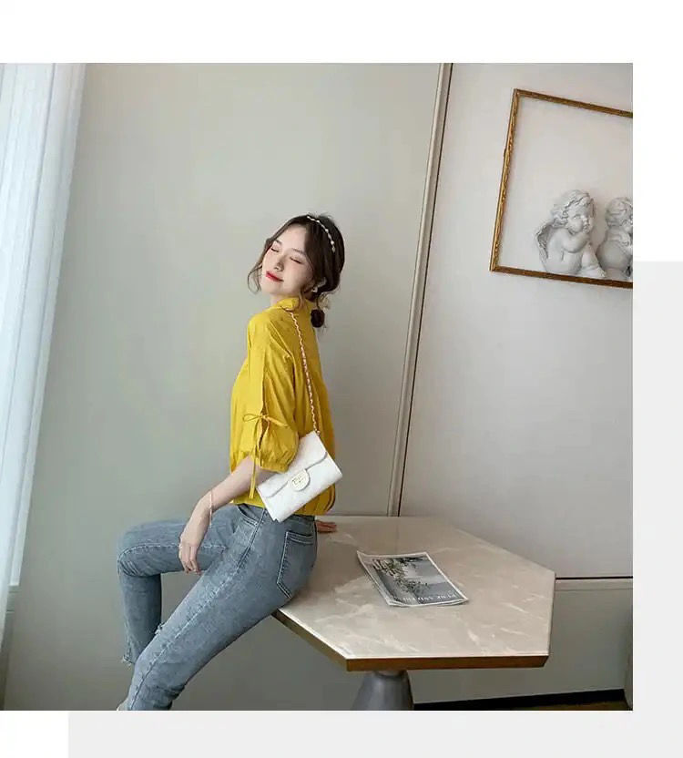 袖リボンブラウス 白 襟付き 七分袖 きれいめ 通勤