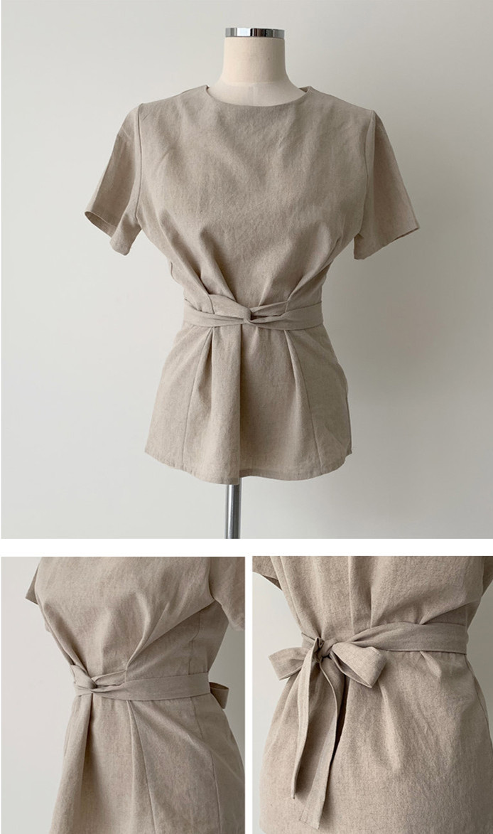 リボンブラウス ウエストリボン半袖ブラウス きれいめカジュアルトップス