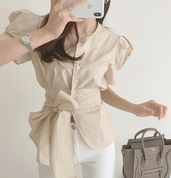 リボンブラウス パフスリーブ リボンベルト ブラウス 半袖