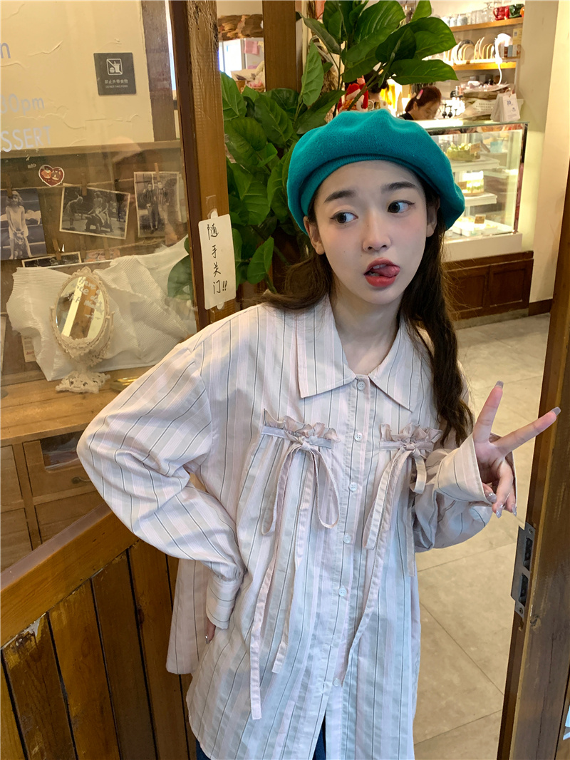 リボンブラウス 春のストライプ柄気質系胸元リボン長袖ブラウス