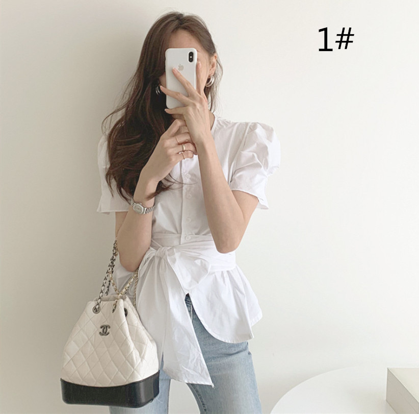 リボンブラウス パフスリーブ リボンベルト ブラウス 半袖