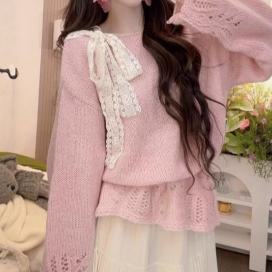 新作リボンブラウス透かし編みニットセーター