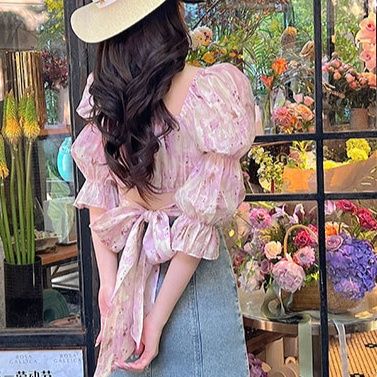 リボンブラウス 優美花柄フリルスリーブボウタイブラウス