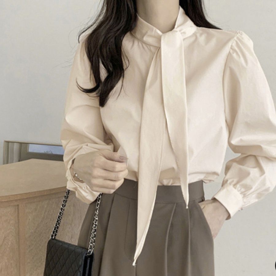 立ち襟ボウタイリボンブラウス長袖