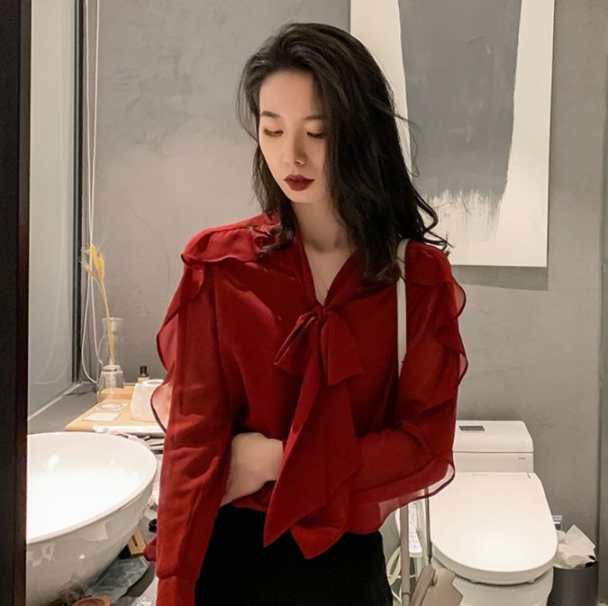 リボンブラウス 優雅フリルシアーボウタイブラウス