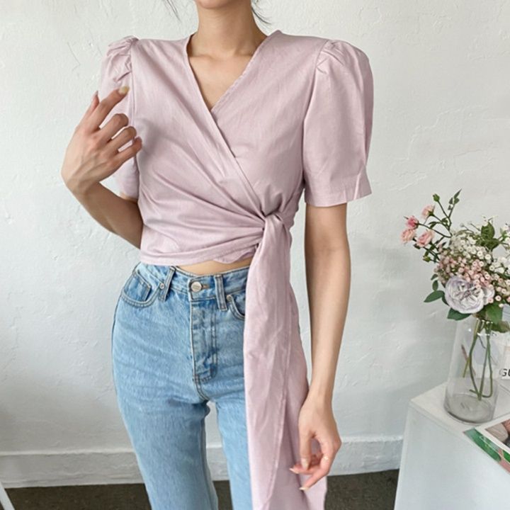 リボンブラウス 韓国風デザインリボン結びブラウス半袖