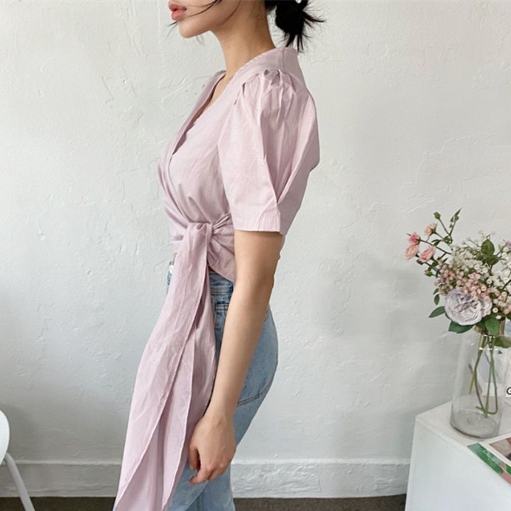 リボンブラウス 韓国風デザインリボン結びブラウス半袖