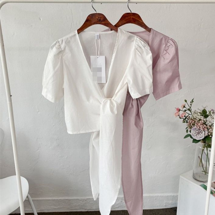 リボンブラウス 韓国風デザインリボン結びブラウス半袖