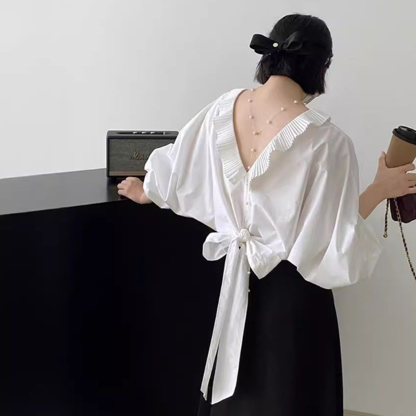 リボンブラウス バックリボン 優美プリーツ背中リボンブラウス