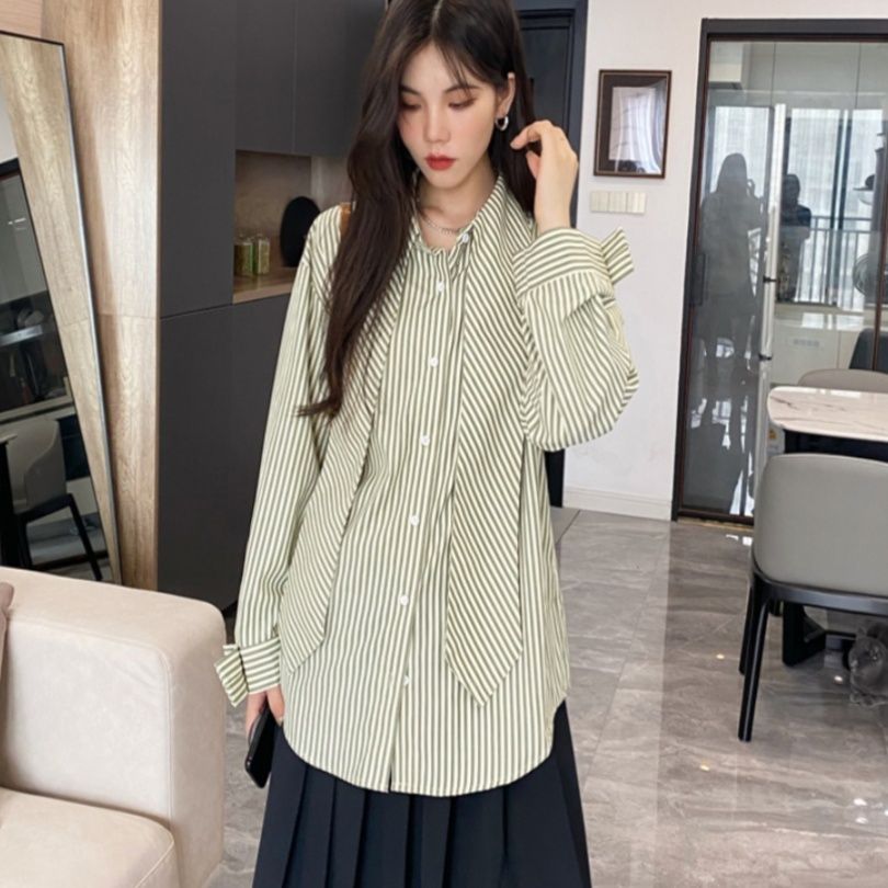 リボンブラウス 袖リボン 優雅なストライプ